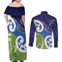 Southland New Zealand Couples Matching Off Shoulder Maxi Dress and Long Sleeve Button Shirt Maori Koru Flag Color LT14 - Polynesian Pride
