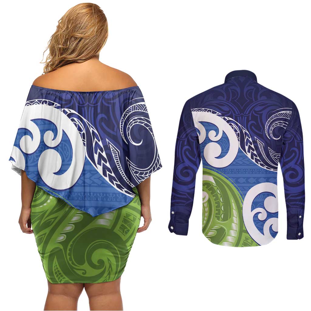 Southland New Zealand Couples Matching Off Shoulder Short Dress and Long Sleeve Button Shirt Maori Koru Flag Color LT14 - Polynesian Pride