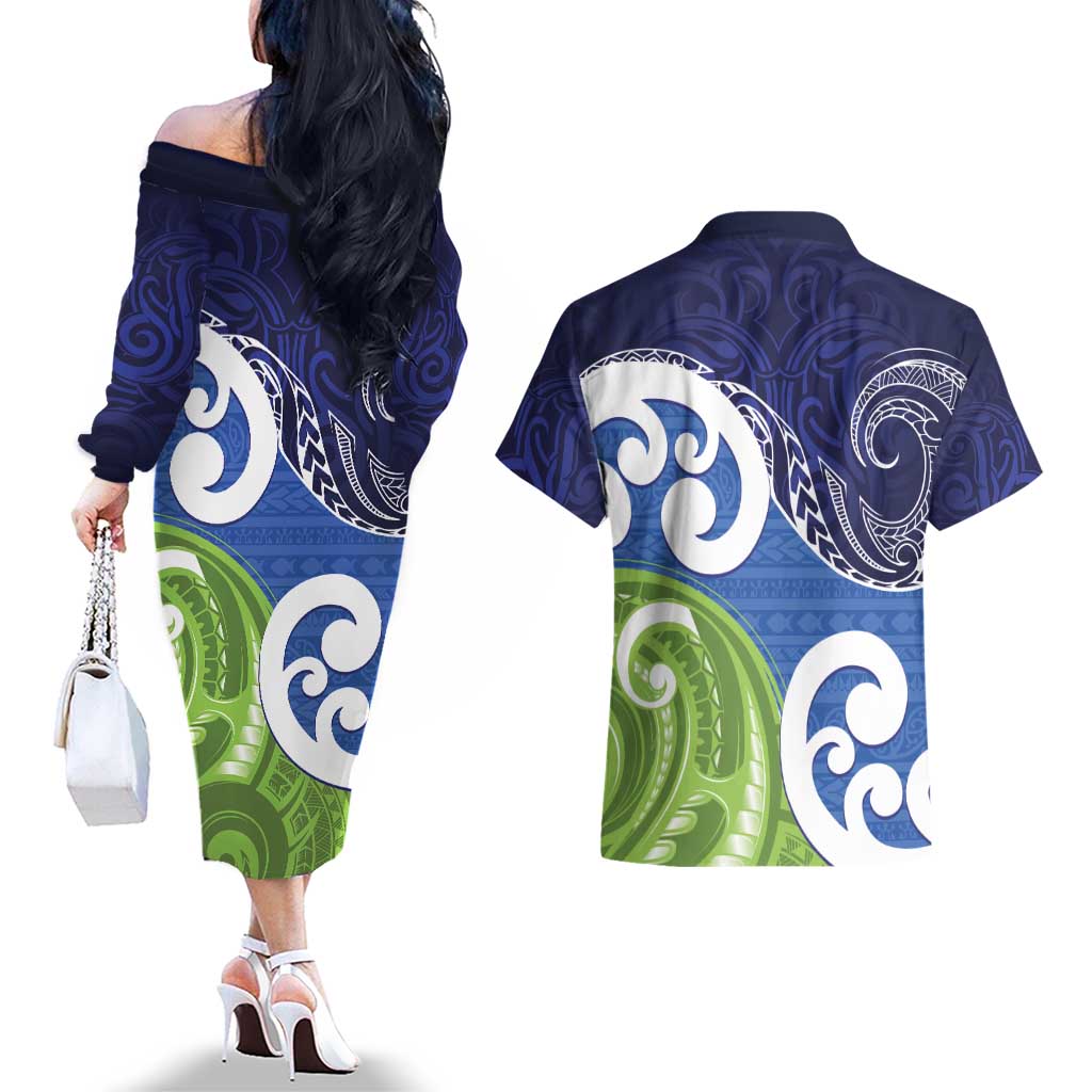 Southland New Zealand Couples Matching Off The Shoulder Long Sleeve Dress and Hawaiian Shirt Maori Koru Flag Color LT14 - Polynesian Pride