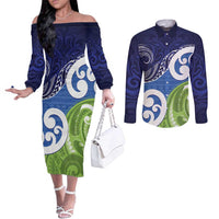 Southland New Zealand Couples Matching Off The Shoulder Long Sleeve Dress and Long Sleeve Button Shirt Maori Koru Flag Color LT14 Blue - Polynesian Pride
