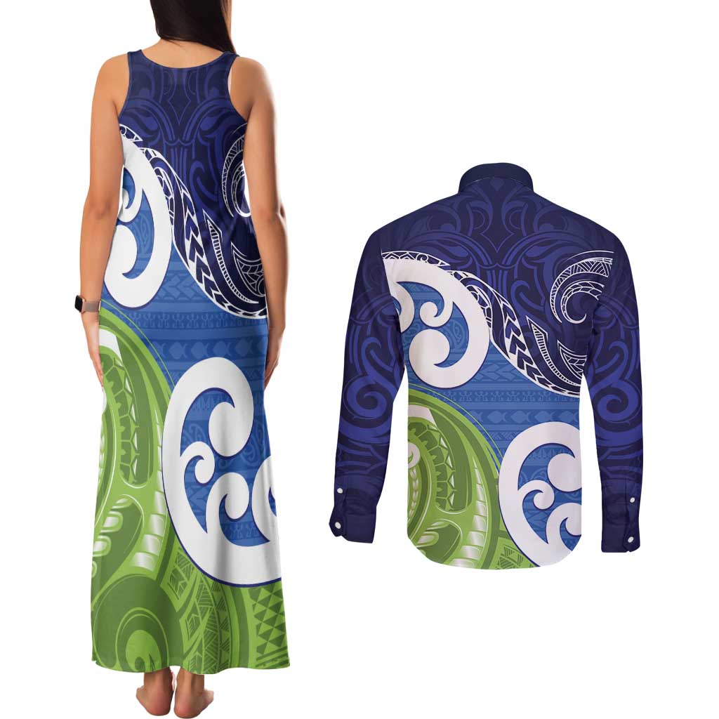 Southland New Zealand Couples Matching Tank Maxi Dress and Long Sleeve Button Shirt Maori Koru Flag Color LT14 - Polynesian Pride