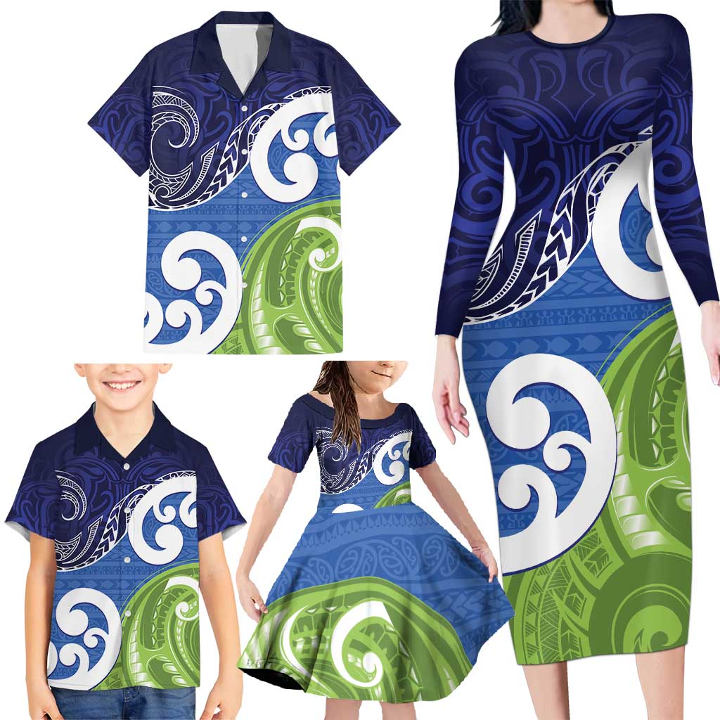 Southland New Zealand Family Matching Long Sleeve Bodycon Dress and Hawaiian Shirt Maori Koru Flag Color LT14 - Polynesian Pride