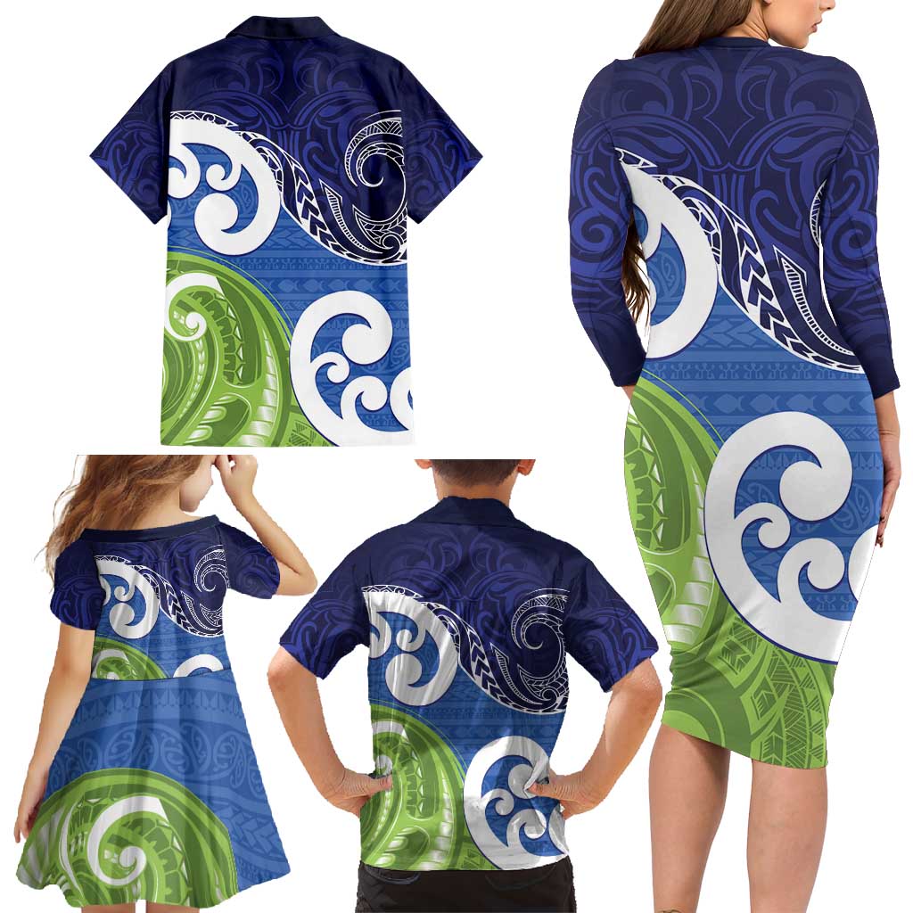 Southland New Zealand Family Matching Long Sleeve Bodycon Dress and Hawaiian Shirt Maori Koru Flag Color LT14 - Polynesian Pride