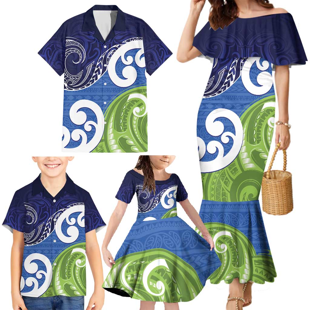 Southland New Zealand Family Matching Mermaid Dress and Hawaiian Shirt Maori Koru Flag Color LT14 - Polynesian Pride