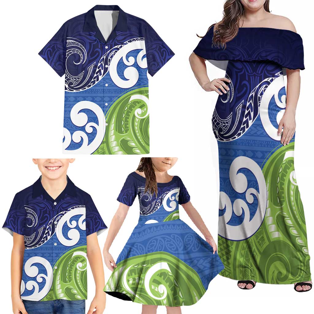 Southland New Zealand Family Matching Off Shoulder Maxi Dress and Hawaiian Shirt Maori Koru Flag Color LT14 - Polynesian Pride