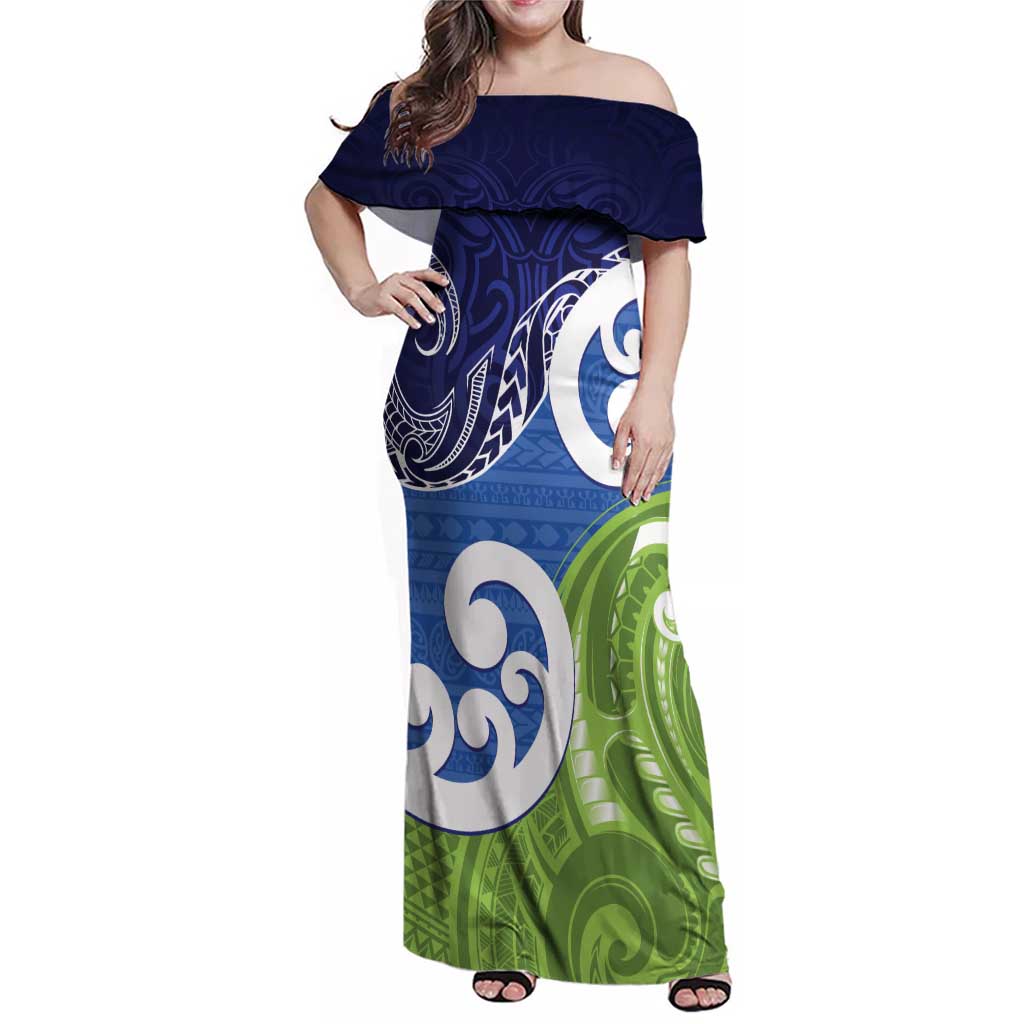 Southland New Zealand Family Matching Off Shoulder Maxi Dress and Hawaiian Shirt Maori Koru Flag Color LT14 Mom's Dress Blue - Polynesian Pride