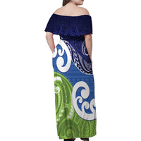 Southland New Zealand Family Matching Off Shoulder Maxi Dress and Hawaiian Shirt Maori Koru Flag Color LT14 - Polynesian Pride