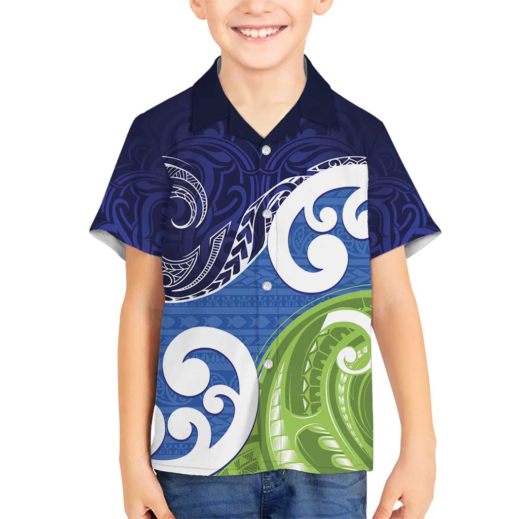 Southland New Zealand Family Matching Off Shoulder Maxi Dress and Hawaiian Shirt Maori Koru Flag Color LT14 Son's Shirt Blue - Polynesian Pride