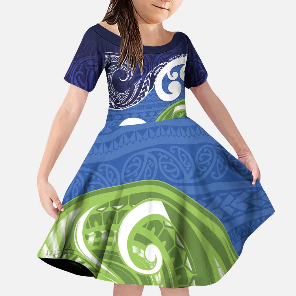 Southland New Zealand Family Matching Puletasi and Hawaiian Shirt Maori Koru Flag Color LT14 Daughter's Dress Blue - Polynesian Pride