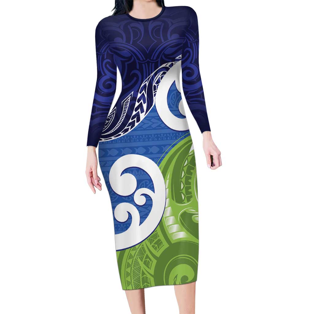 Southland New Zealand Long Sleeve Bodycon Dress Maori Koru Flag Color LT14 Long Dress Blue - Polynesian Pride