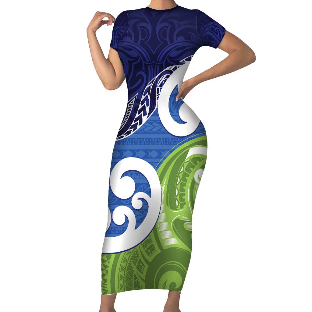 Southland New Zealand Short Sleeve Bodycon Dress Maori Koru Flag Color LT14 Long Dress Blue - Polynesian Pride