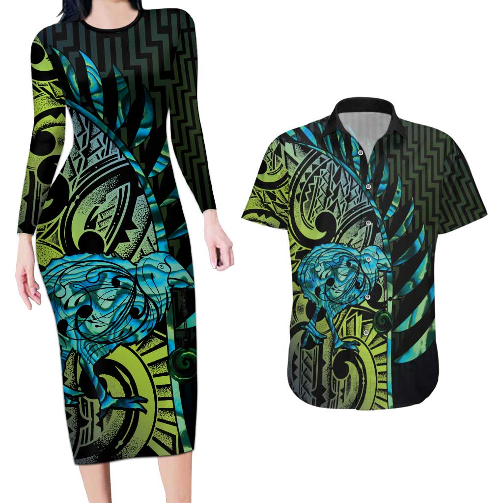 Southland Takehe Pounama Couples Matching Long Sleeve Bodycon Dress and Hawaiian Shirt Aotearoa Poutama Paua Shell Fern LT14 Black - Polynesian Pride