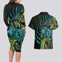 Southland Takehe Pounama Couples Matching Long Sleeve Bodycon Dress and Hawaiian Shirt Aotearoa Poutama Paua Shell Fern LT14 - Polynesian Pride