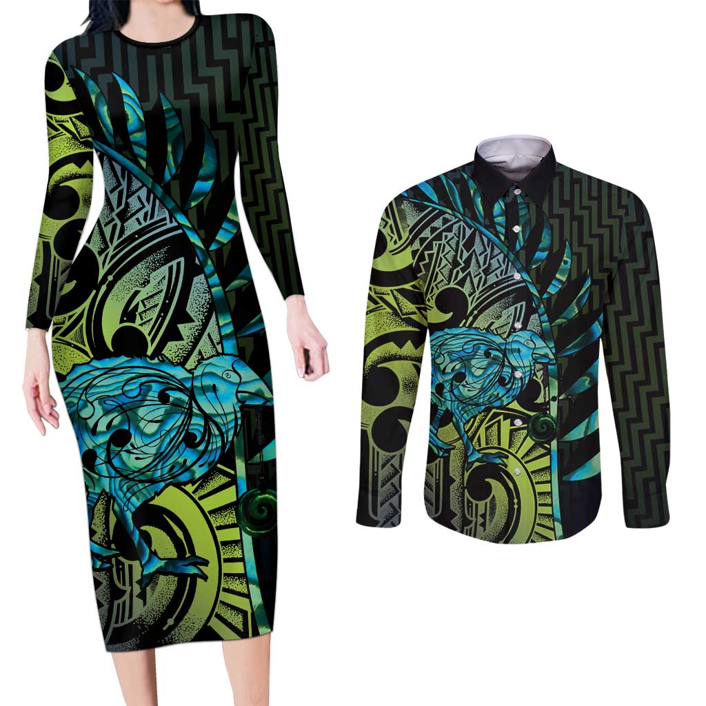 Southland Takehe Pounama Couples Matching Long Sleeve Bodycon Dress and Long Sleeve Button Shirt Aotearoa Poutama Paua Shell Fern LT14 Black - Polynesian Pride