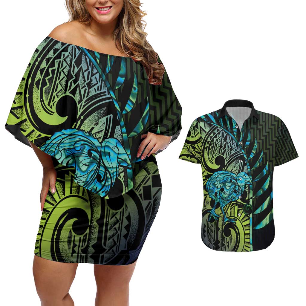 Southland Takehe Pounama Couples Matching Off Shoulder Short Dress and Hawaiian Shirt Aotearoa Poutama Paua Shell Fern LT14 Black - Polynesian Pride