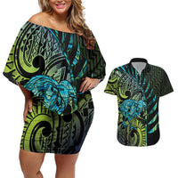 Southland Takehe Pounama Couples Matching Off Shoulder Short Dress and Hawaiian Shirt Aotearoa Poutama Paua Shell Fern LT14 Black - Polynesian Pride