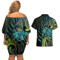 Southland Takehe Pounama Couples Matching Off Shoulder Short Dress and Hawaiian Shirt Aotearoa Poutama Paua Shell Fern LT14 - Polynesian Pride