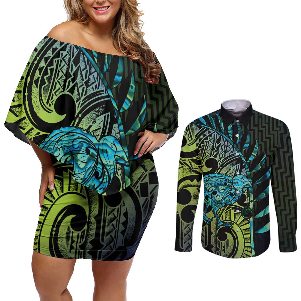 Southland Takehe Pounama Couples Matching Off Shoulder Short Dress and Long Sleeve Button Shirt Aotearoa Poutama Paua Shell Fern