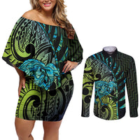 Southland Takehe Pounama Couples Matching Off Shoulder Short Dress and Long Sleeve Button Shirt Aotearoa Poutama Paua Shell Fern