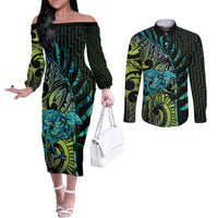 Southland Takehe Pounama Couples Matching Off The Shoulder Long Sleeve Dress and Long Sleeve Button Shirt Aotearoa Poutama Paua Shell Fern LT14 Black - Polynesian Pride