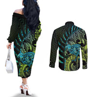 Southland Takehe Pounama Couples Matching Off The Shoulder Long Sleeve Dress and Long Sleeve Button Shirt Aotearoa Poutama Paua Shell Fern LT14 - Polynesian Pride