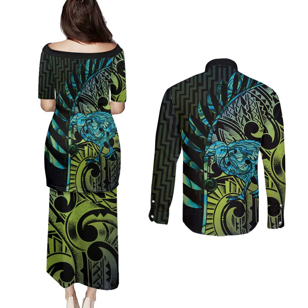 Southland Takehe Pounama Couples Matching Puletasi and Long Sleeve Button Shirt Aotearoa Poutama Paua Shell Fern