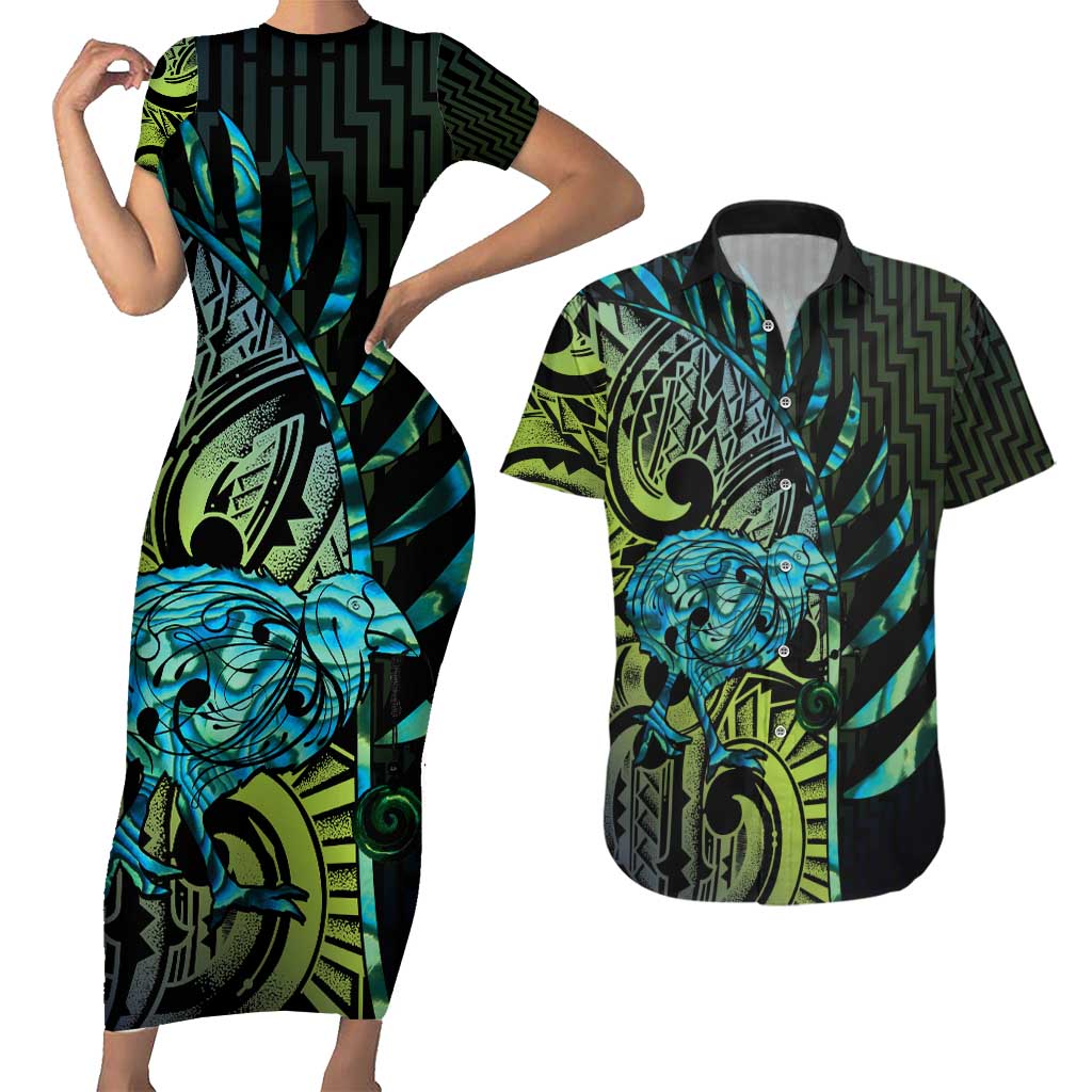 Southland Takehe Pounama Couples Matching Short Sleeve Bodycon Dress and Hawaiian Shirt Aotearoa Poutama Paua Shell Fern LT14 Black - Polynesian Pride