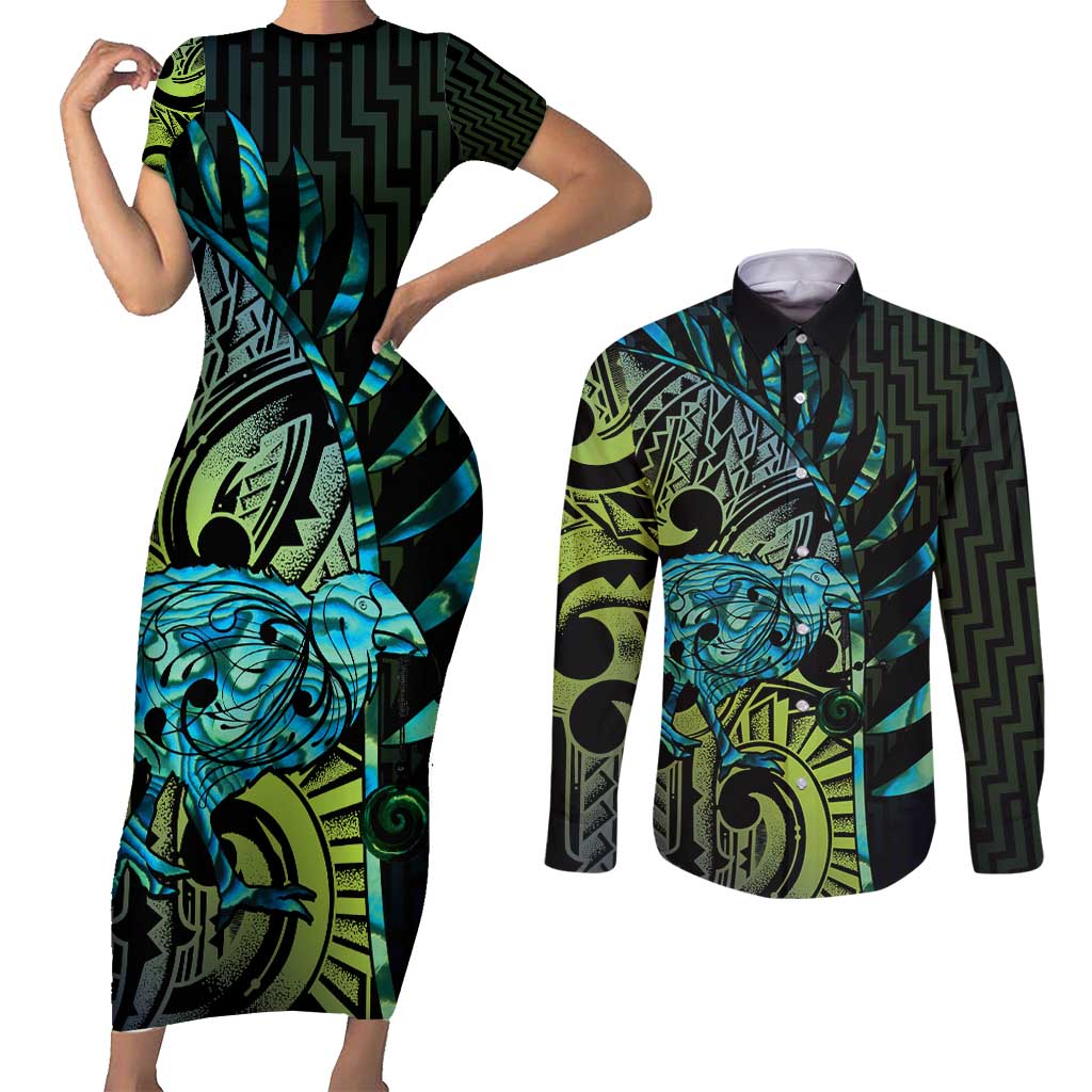 Southland Takehe Pounama Couples Matching Short Sleeve Bodycon Dress and Long Sleeve Button Shirt Aotearoa Poutama Paua Shell Fern LT14 Black - Polynesian Pride