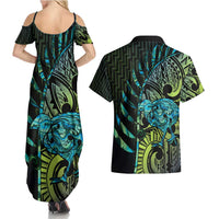 Southland Takehe Pounama Couples Matching Summer Maxi Dress and Hawaiian Shirt Aotearoa Poutama Paua Shell Fern