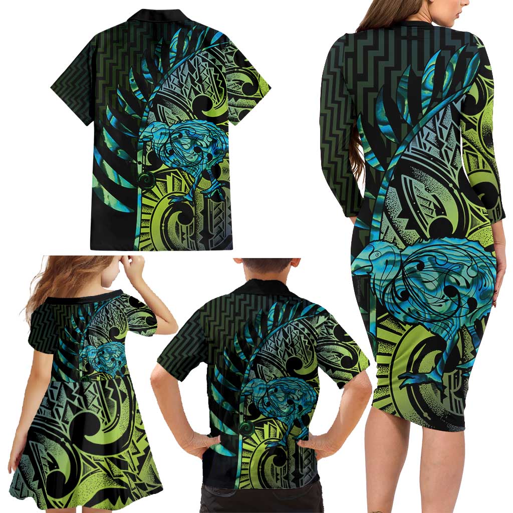 Southland Takehe Pounama Family Matching Long Sleeve Bodycon Dress and Hawaiian Shirt Aotearoa Poutama Paua Shell Fern LT14 - Polynesian Pride