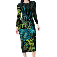 Southland Takehe Pounama Family Matching Long Sleeve Bodycon Dress and Hawaiian Shirt Aotearoa Poutama Paua Shell Fern LT14 Mom's Dress Black - Polynesian Pride