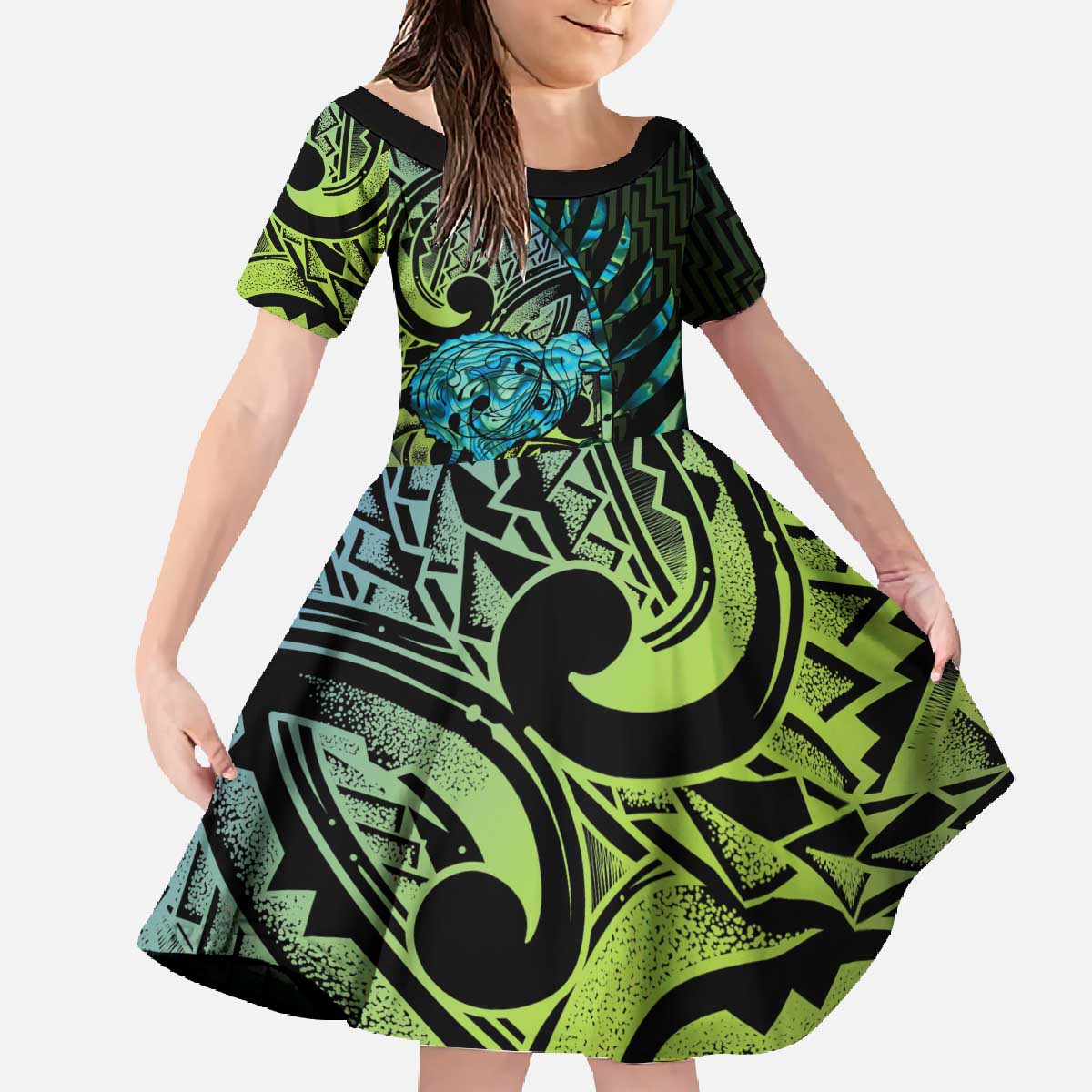Southland Takehe Pounama Family Matching Off The Shoulder Long Sleeve Dress and Hawaiian Shirt Aotearoa Poutama Paua Shell Fern LT14 Daughter's Dress Black - Polynesian Pride