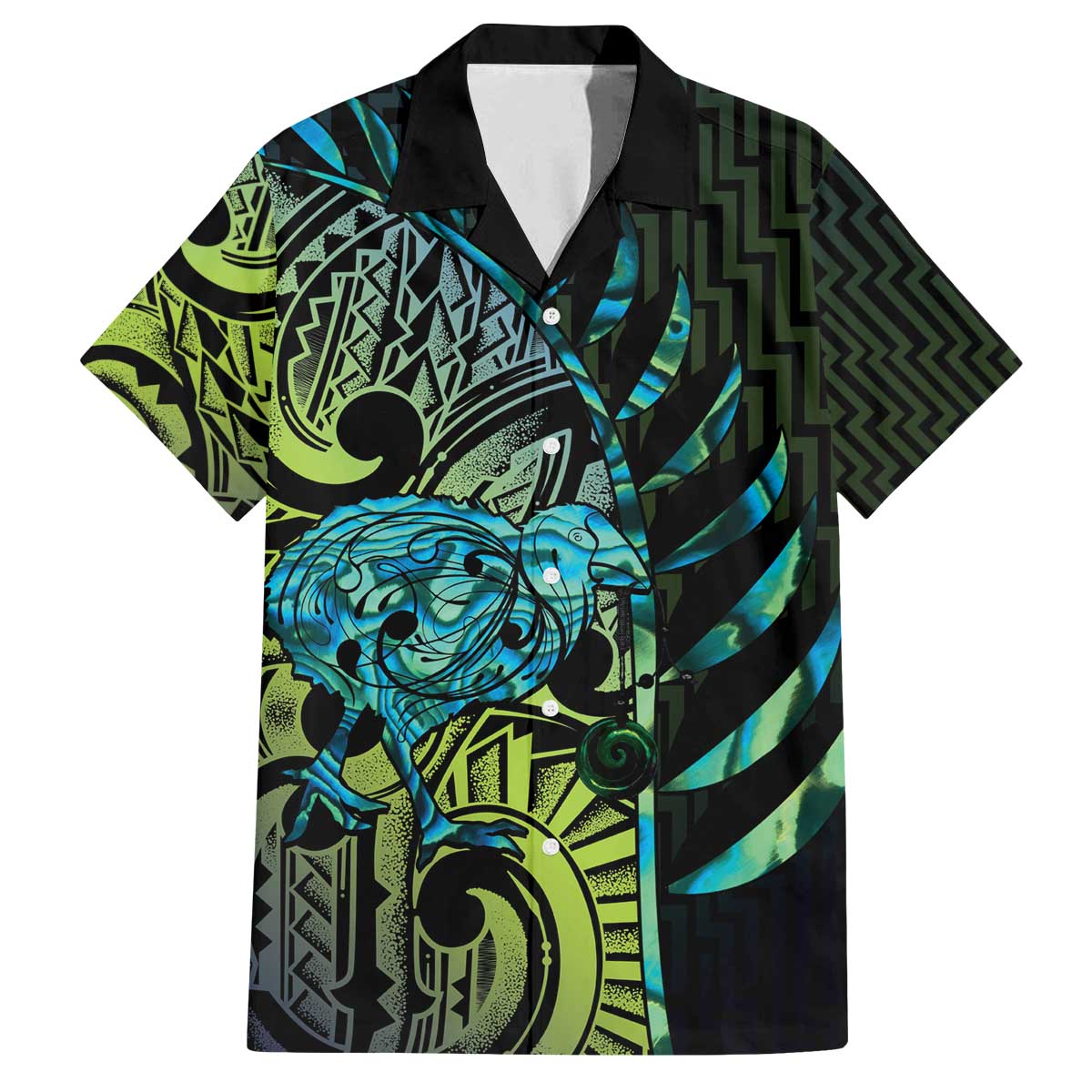 Southland Takehe Pounama Family Matching Off The Shoulder Long Sleeve Dress and Hawaiian Shirt Aotearoa Poutama Paua Shell Fern LT14 Dad's Shirt - Short Sleeve Black - Polynesian Pride