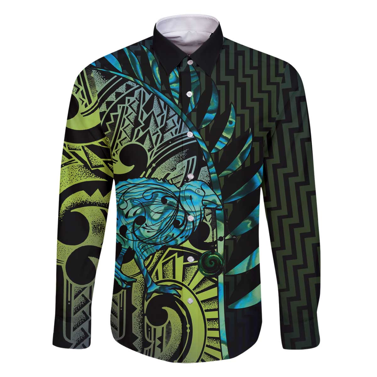 Southland Takehe Pounama Family Matching Off The Shoulder Long Sleeve Dress and Hawaiian Shirt Aotearoa Poutama Paua Shell Fern LT14 Dad's Shirt - Long Sleeve Black - Polynesian Pride