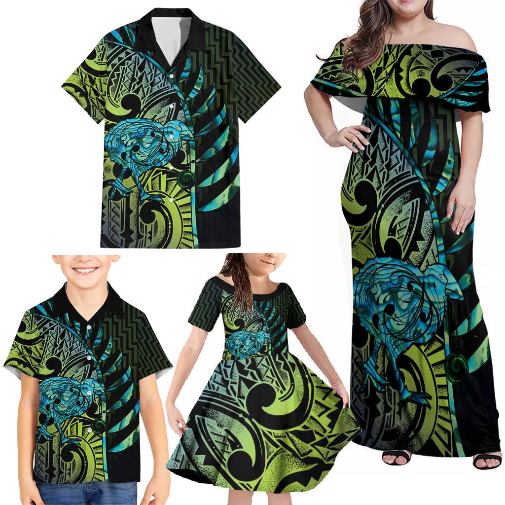 Southland Takehe Pounama Family Matching Off Shoulder Maxi Dress and Hawaiian Shirt Aotearoa Poutama Paua Shell Fern LT14 - Polynesian Pride