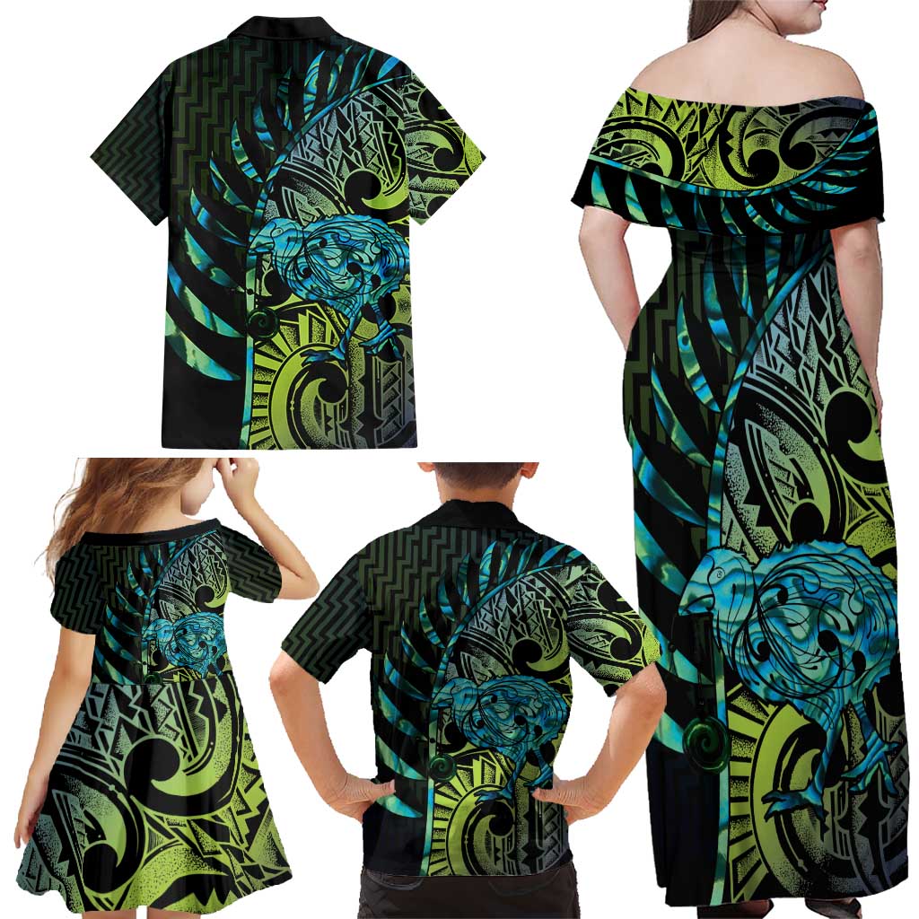 Southland Takehe Pounama Family Matching Off Shoulder Maxi Dress and Hawaiian Shirt Aotearoa Poutama Paua Shell Fern LT14 - Polynesian Pride