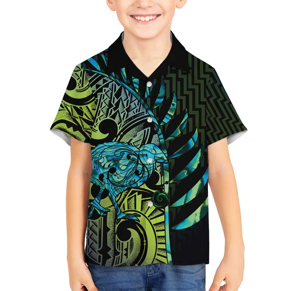 Southland Takehe Pounama Family Matching Off Shoulder Maxi Dress and Hawaiian Shirt Aotearoa Poutama Paua Shell Fern LT14 Son's Shirt Black - Polynesian Pride
