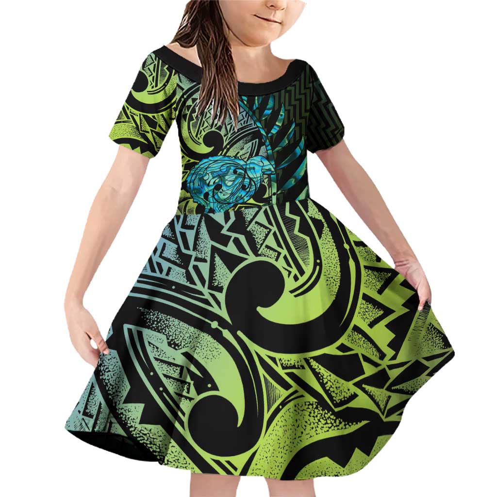 Southland Takehe Pounama Family Matching Off Shoulder Short Dress and Hawaiian Shirt Aotearoa Poutama Paua Shell Fern LT14 Daughter's Dress Black - Polynesian Pride
