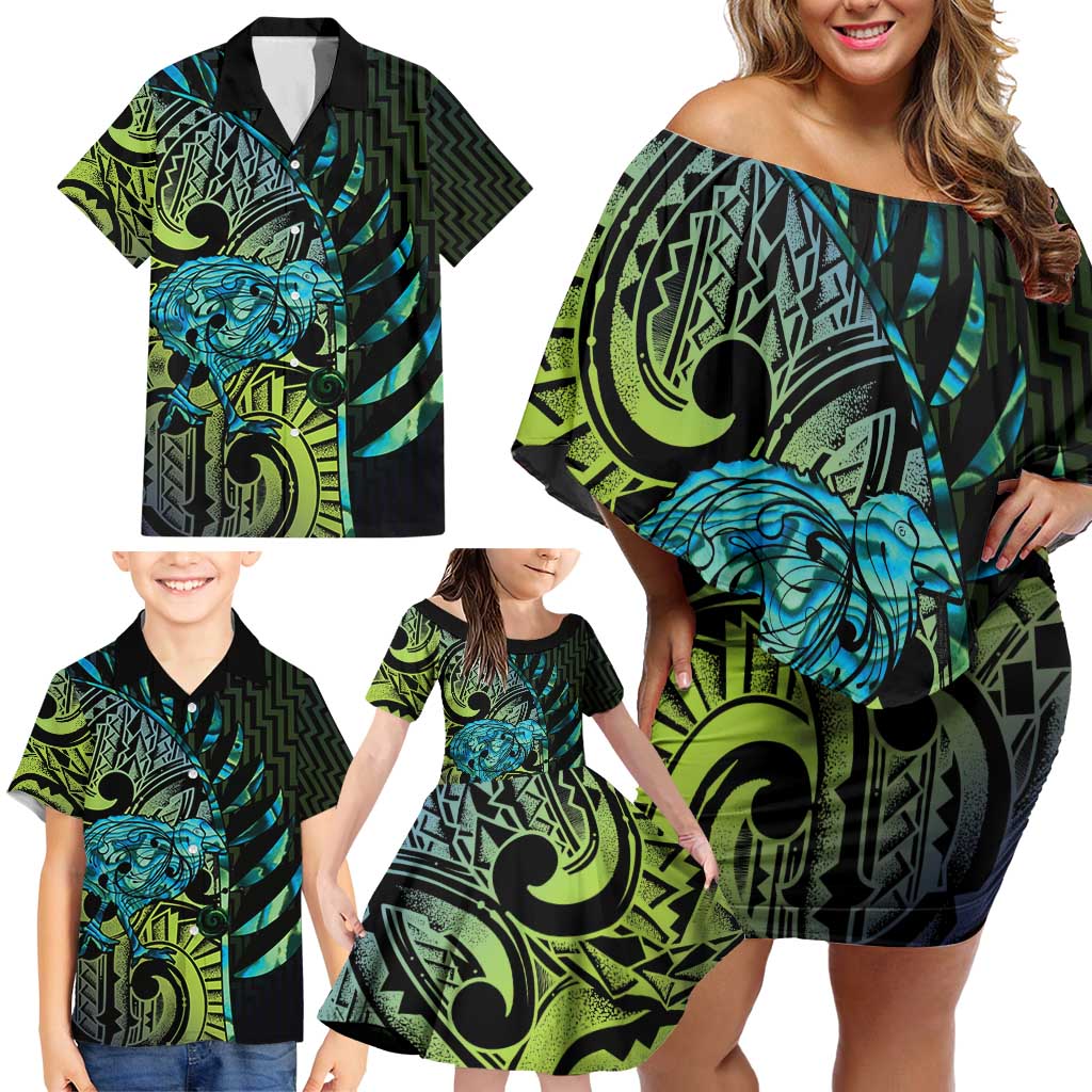 Southland Takehe Pounama Family Matching Off Shoulder Short Dress and Hawaiian Shirt Aotearoa Poutama Paua Shell Fern LT14 - Polynesian Pride