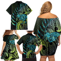 Southland Takehe Pounama Family Matching Off Shoulder Short Dress and Hawaiian Shirt Aotearoa Poutama Paua Shell Fern LT14 - Polynesian Pride