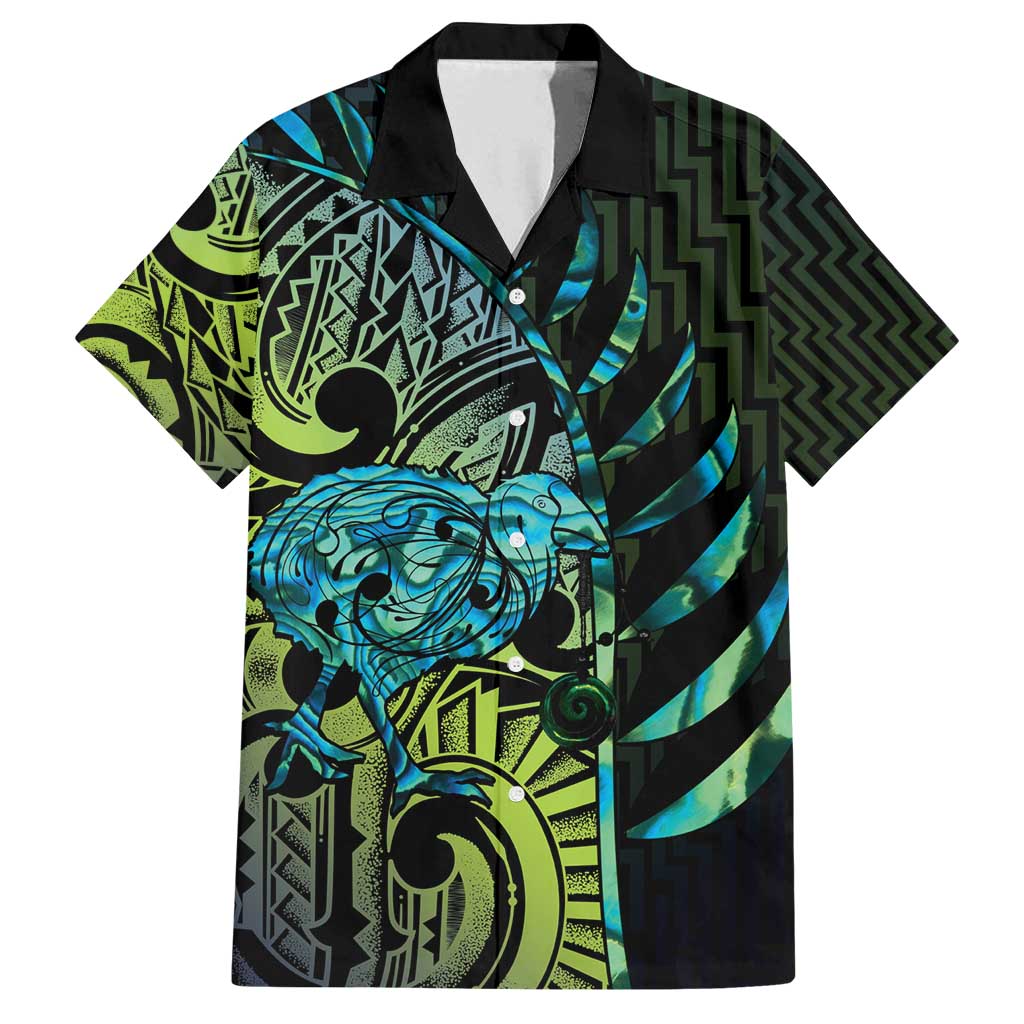 Southland Takehe Pounama Family Matching Off Shoulder Short Dress and Hawaiian Shirt Aotearoa Poutama Paua Shell Fern LT14 Dad's Shirt - Short Sleeve Black - Polynesian Pride