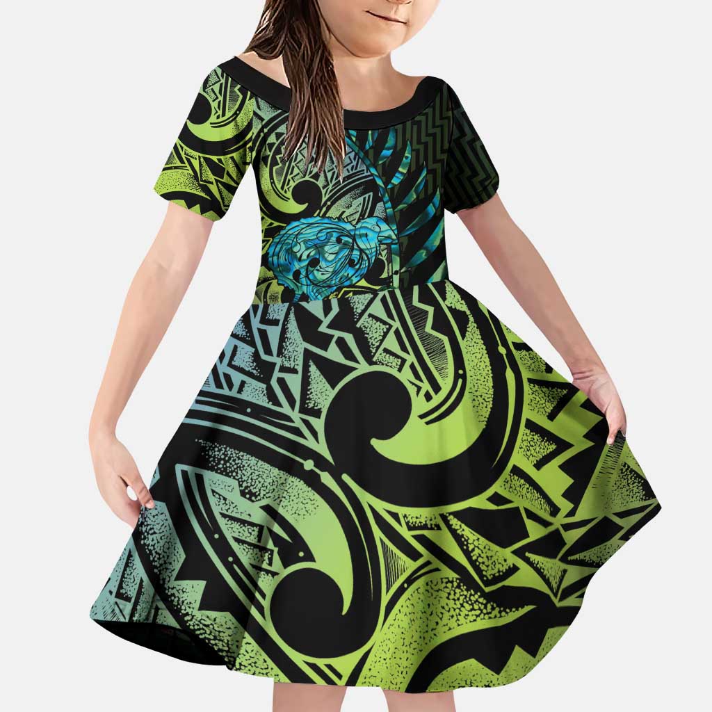 Southland Takehe Pounama Family Matching Puletasi and Hawaiian Shirt Aotearoa Poutama Paua Shell Fern LT14 Daughter's Dress Black - Polynesian Pride