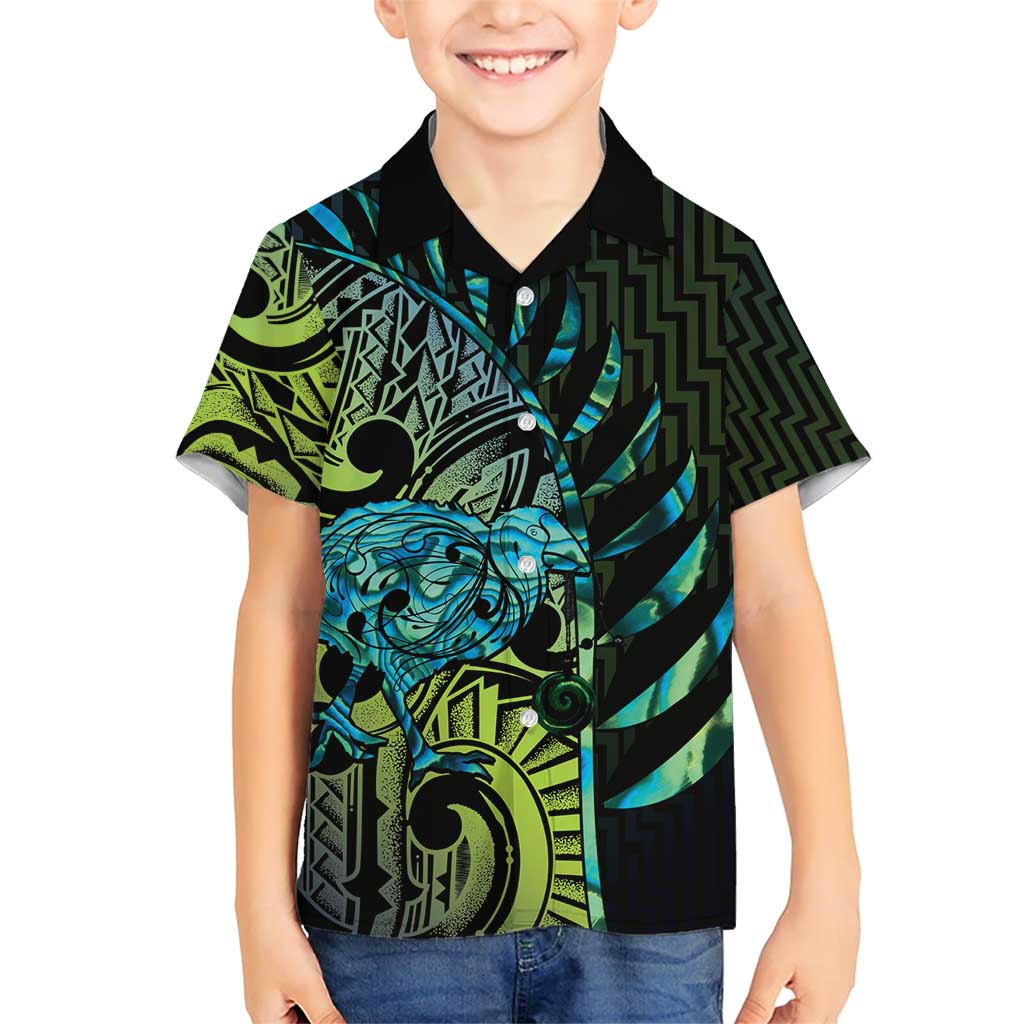 Southland Takehe Pounama Family Matching Short Sleeve Bodycon Dress and Hawaiian Shirt Aotearoa Poutama Paua Shell Fern LT14 Son's Shirt Black - Polynesian Pride