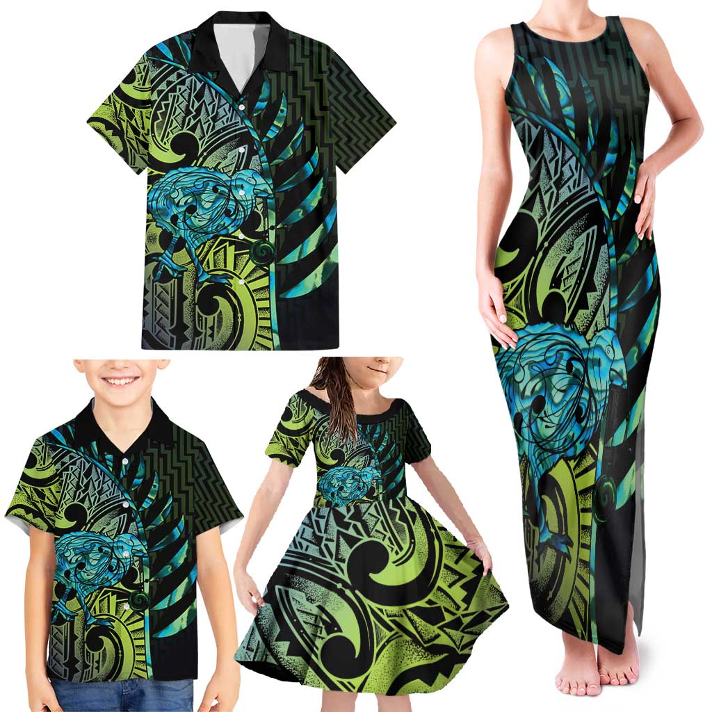 Southland Takehe Pounama Family Matching Tank Maxi Dress and Hawaiian Shirt Aotearoa Poutama Paua Shell Fern LT14 - Polynesian Pride
