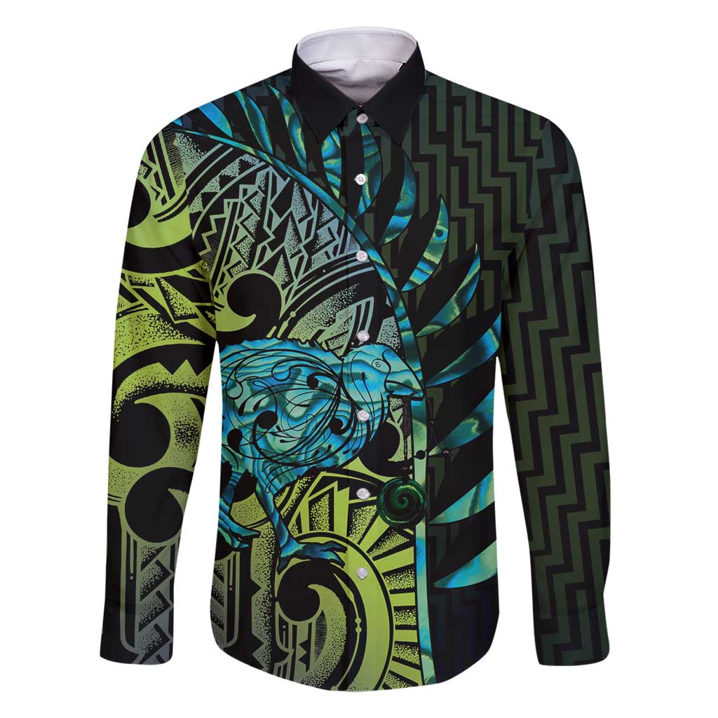 Southland Takehe Pounama Family Matching Tank Maxi Dress and Hawaiian Shirt Aotearoa Poutama Paua Shell Fern LT14 Dad's Shirt - Long Sleeve Black - Polynesian Pride