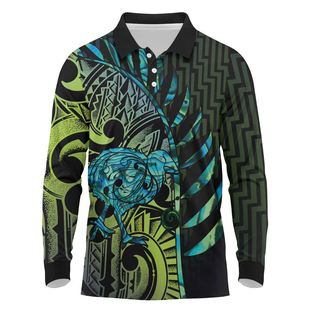 Southland Takehe Pounama Long Sleeve Polo Shirt Aotearoa Poutama Paua Shell Fern