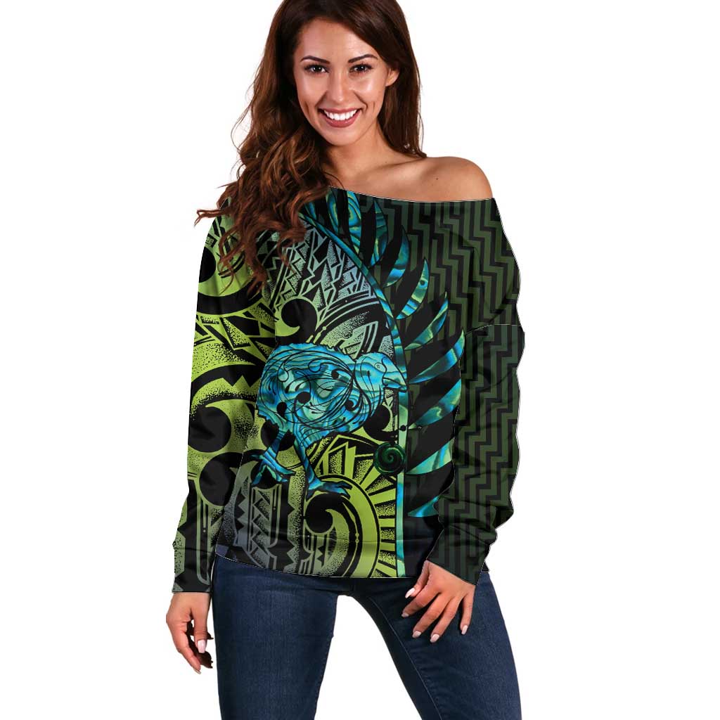 Southland Takehe Pounama Off Shoulder Sweater Aotearoa Poutama Paua Shell Fern LT14 Women Black - Polynesian Pride