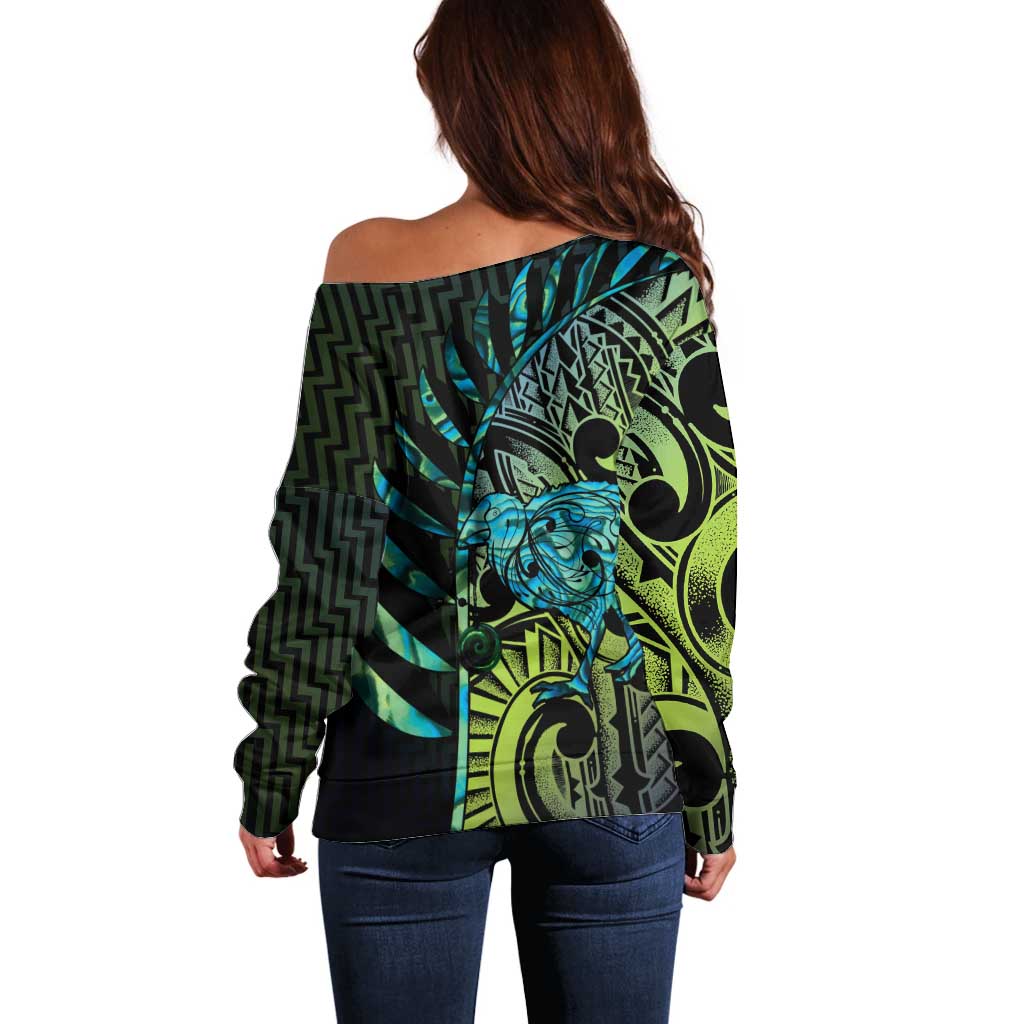 Southland Takehe Pounama Off Shoulder Sweater Aotearoa Poutama Paua Shell Fern LT14 - Polynesian Pride