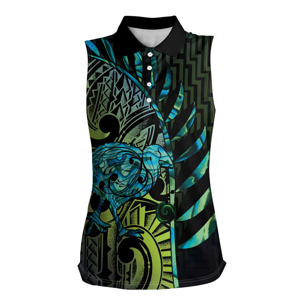 Southland Takehe Pounama Women Sleeveless Polo Shirt Aotearoa Poutama Paua Shell Fern