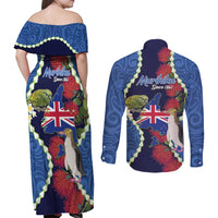 Southland Anniversary Day Couples Matching Off Shoulder Maxi Dress and Long Sleeve Button Shirt Murihiku 1861 Maori Bird Mix Pohutukawa LT14 - Polynesian Pride